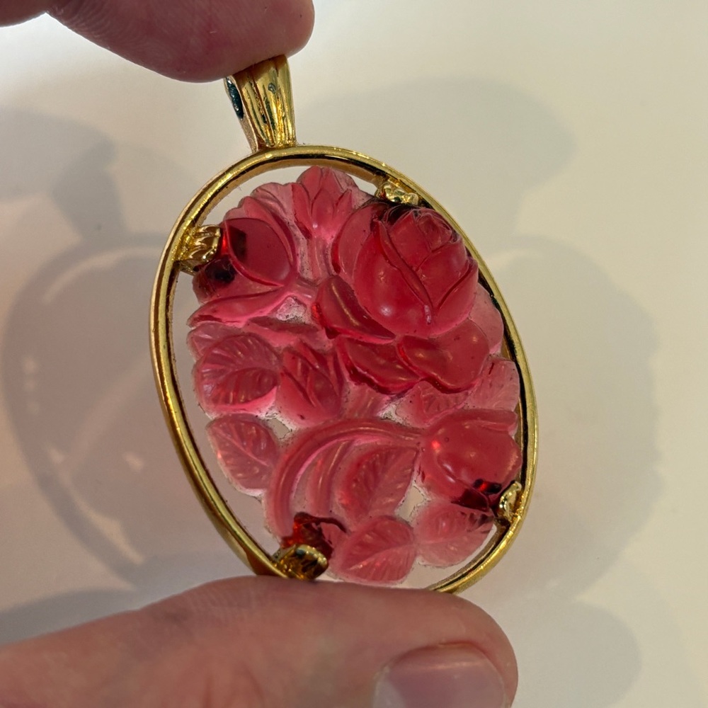 Vintage 1950s 1960s Reverse Carved Pink Lucite Floral Pendant Gold Tone